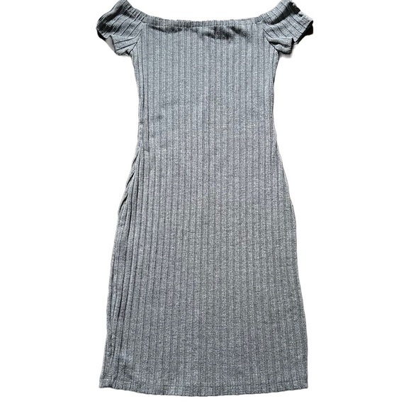 HEATHER GRAY EXPRESS OFF THE SHOULDER SHORT SLEEVE RIBBED MINI DRESS SIZE XS - Picture 1 of 6